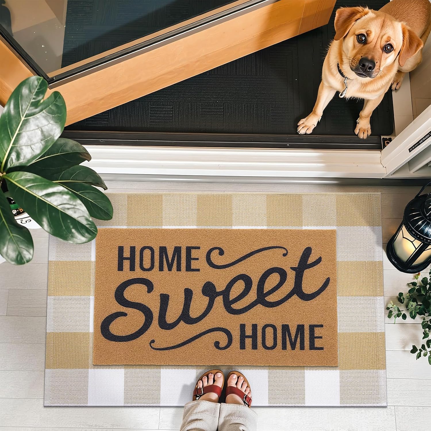 OLANLY Buffalo Plaid Rug 2'4" x 3'7" (27.5" x 43") – Beige and White Cotton Checkered Doormat, Washable Indoor Outdoor Rug for Layered Front Porch, Kitchen, Entryway Decor