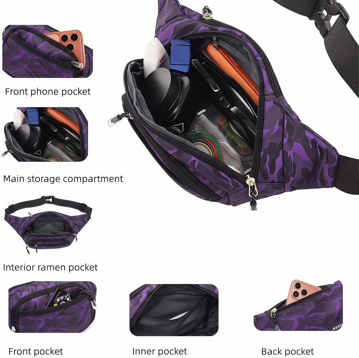 Large Fanny Pack for Women Men NSYOOMH, Crossbody Waist Bag 5-Zipper Pocket