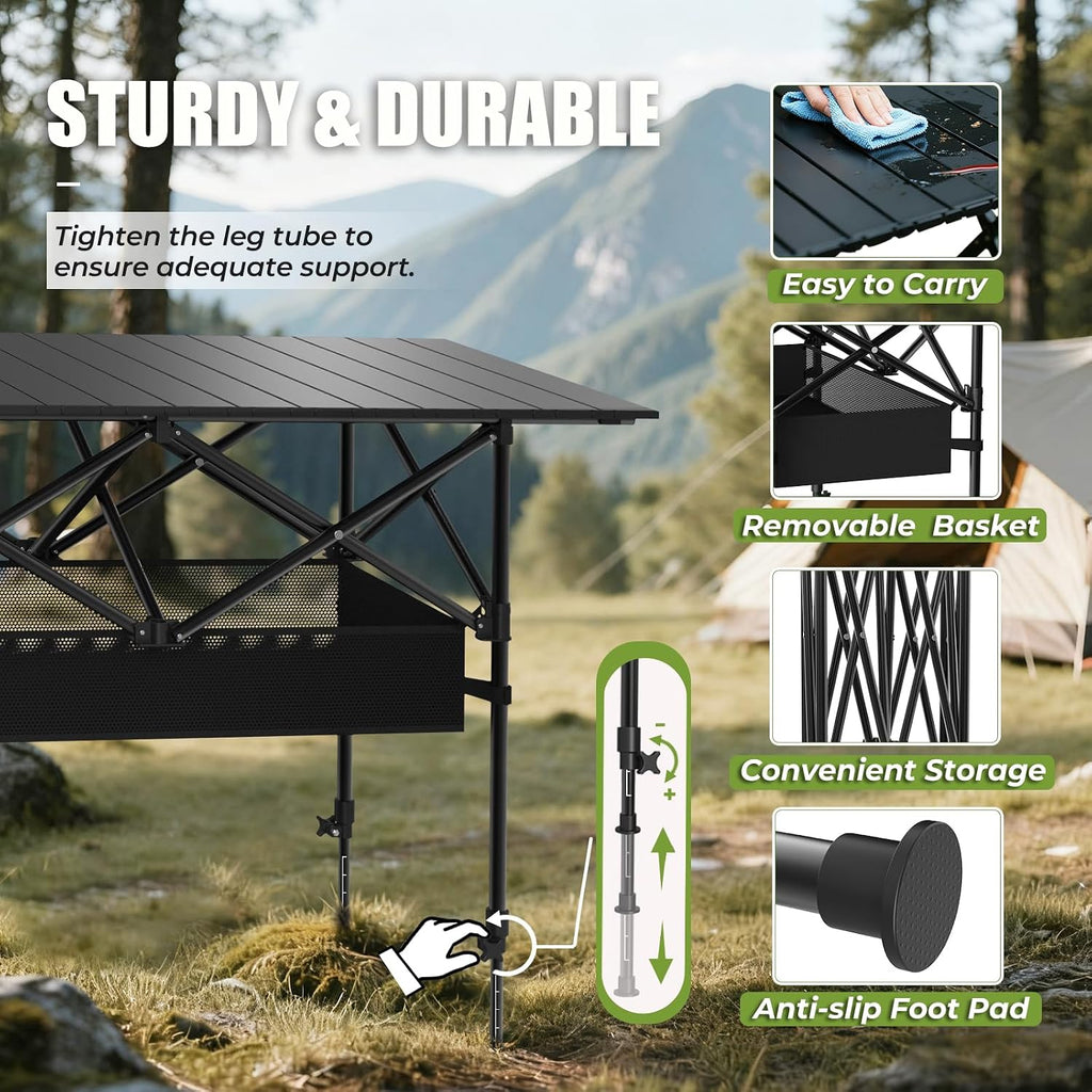Camping Table Portable, Folding Roll-Up Picnic Table with Carry Bag & Detachable Storage Pockets, Lightweight Outdoor Table for Camping, Beach, Backyard, Party, BBQ, Patio