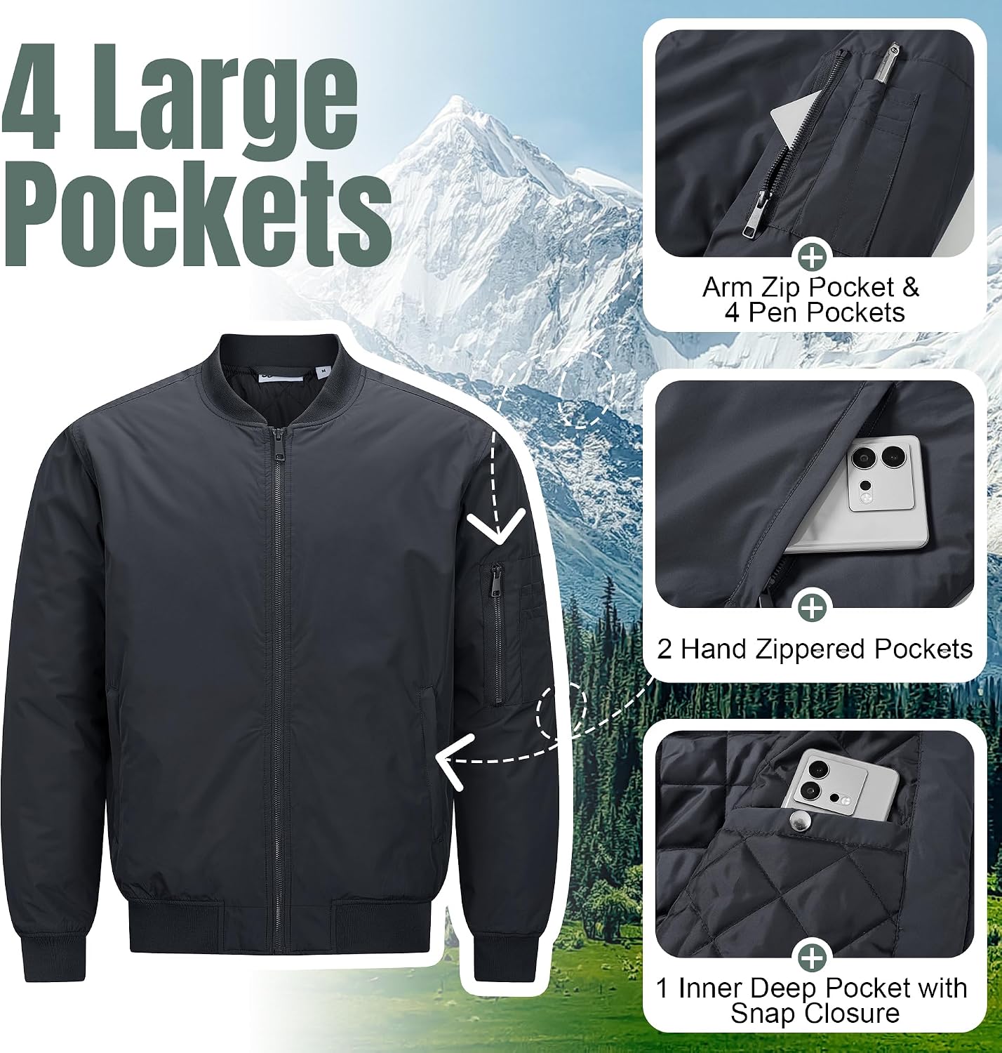 33,000ft Men's Bomber Jacket Lightweight Zip Up Waterproof Windbreaker