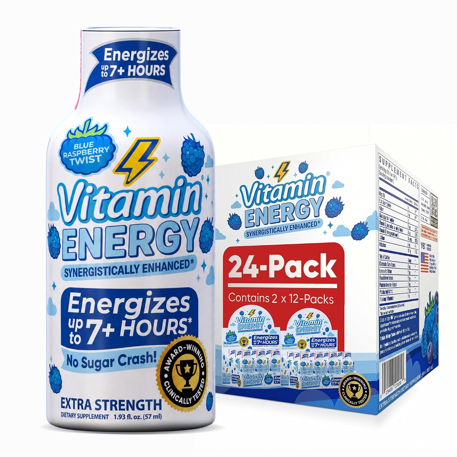 Vitamin Energy Berry Vibe Extra Strength Energy Shot, 36 Pack - Up to 7 Hrs, 260mg Natural Caffeine, Zero Sugar - BCAAs + CoQ10, Focus Support, B12 B6 Niacin, 1.93 fl oz, Keto Vegan