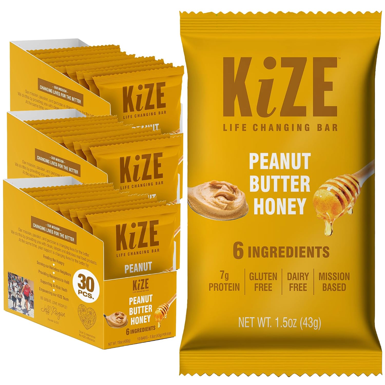 KiZE Energy Bars - Peanut Butter Honey - 30-Count - Gluten Free, Dairy Free, Non-GMO, and High Protein Meal Replacement Energy Bars, Clean and Simple Food Ingredients - 7g High Protein Snacks (30 Count)