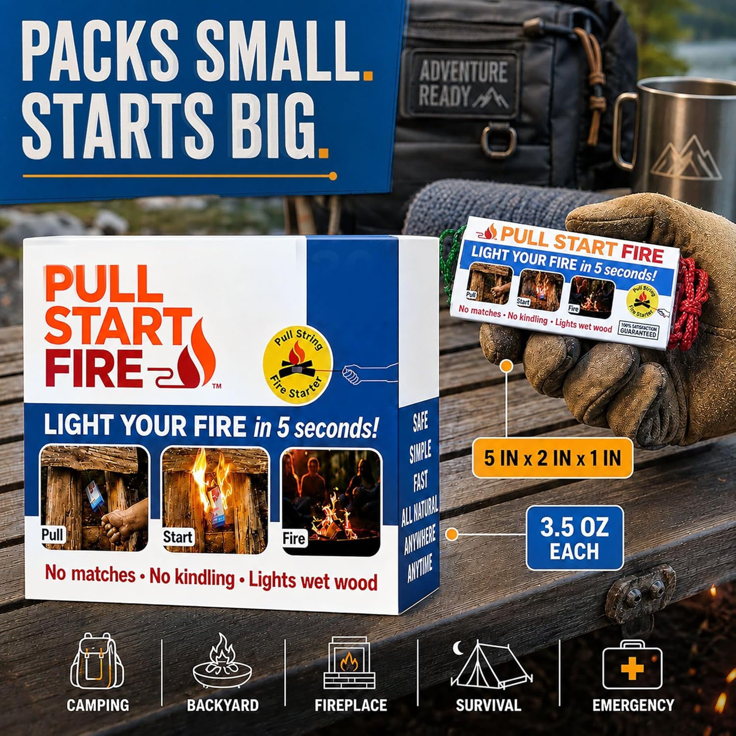 Pull Start Fire Starter, Pull String, No Matches, Lights Wet Wood, 6 Pack