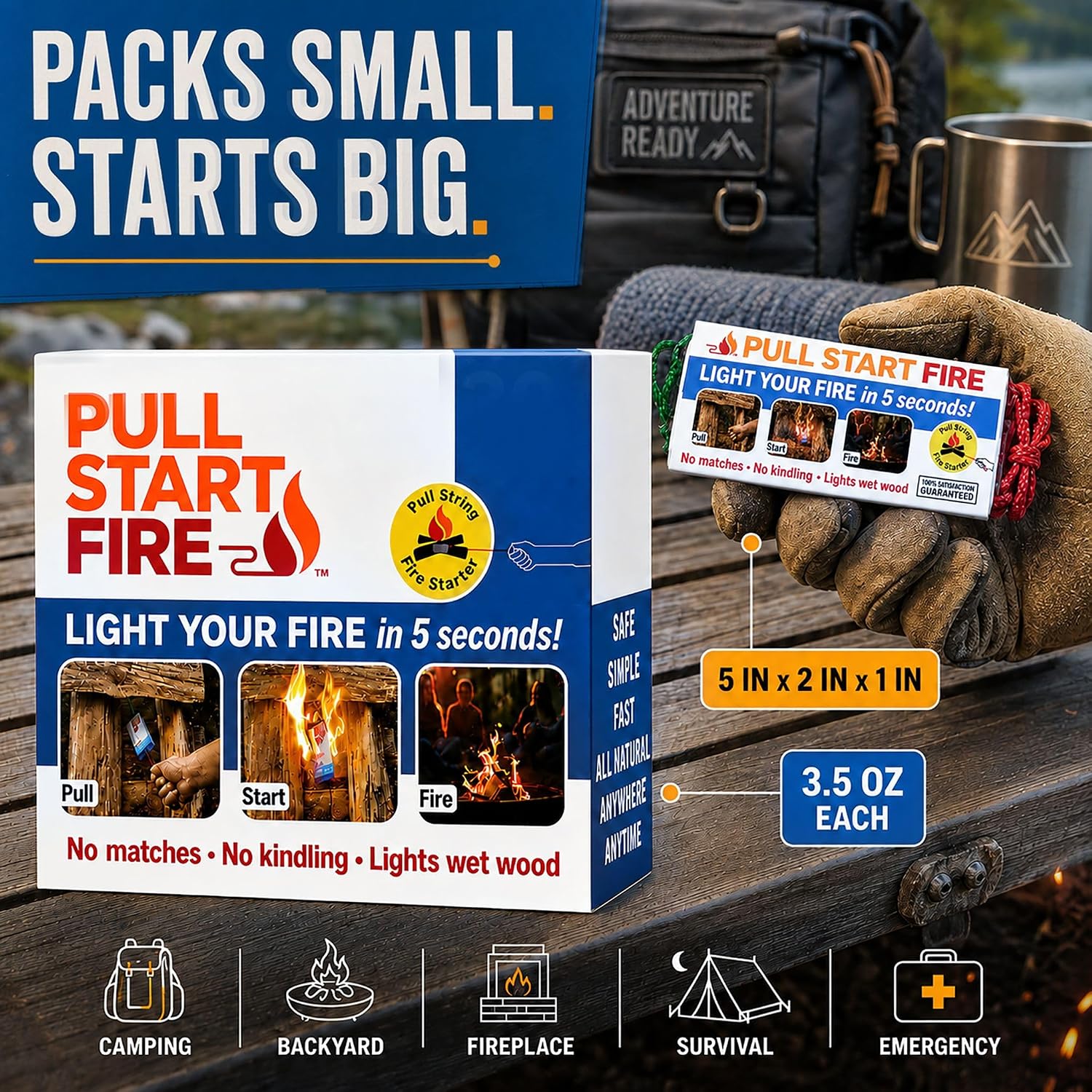 Pull Start Fire Starter, Pull String, No Matches, Lights Wet Wood, 30 Count