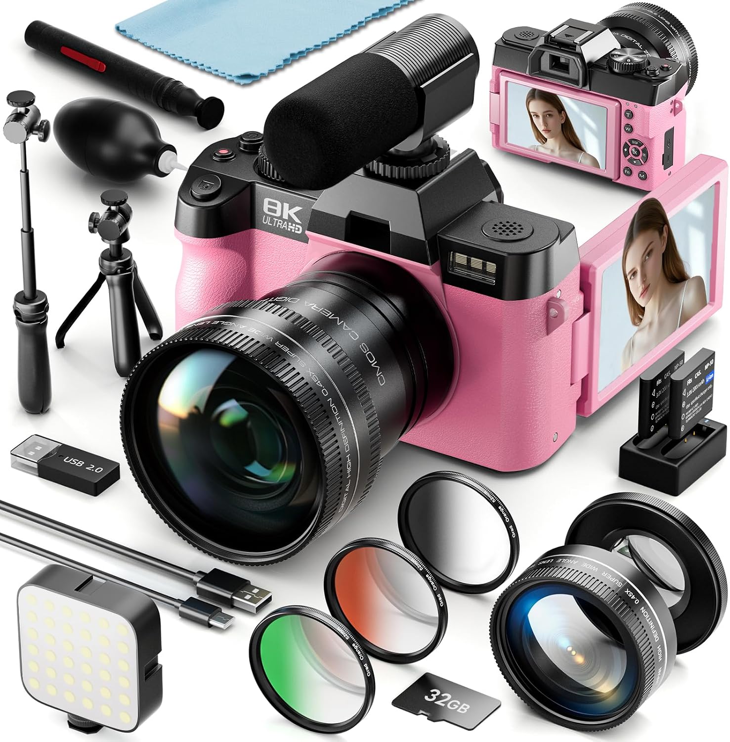 8K 64MP Digital Cameras for Photography,16X Zoom,3 Color Filters (Pink)