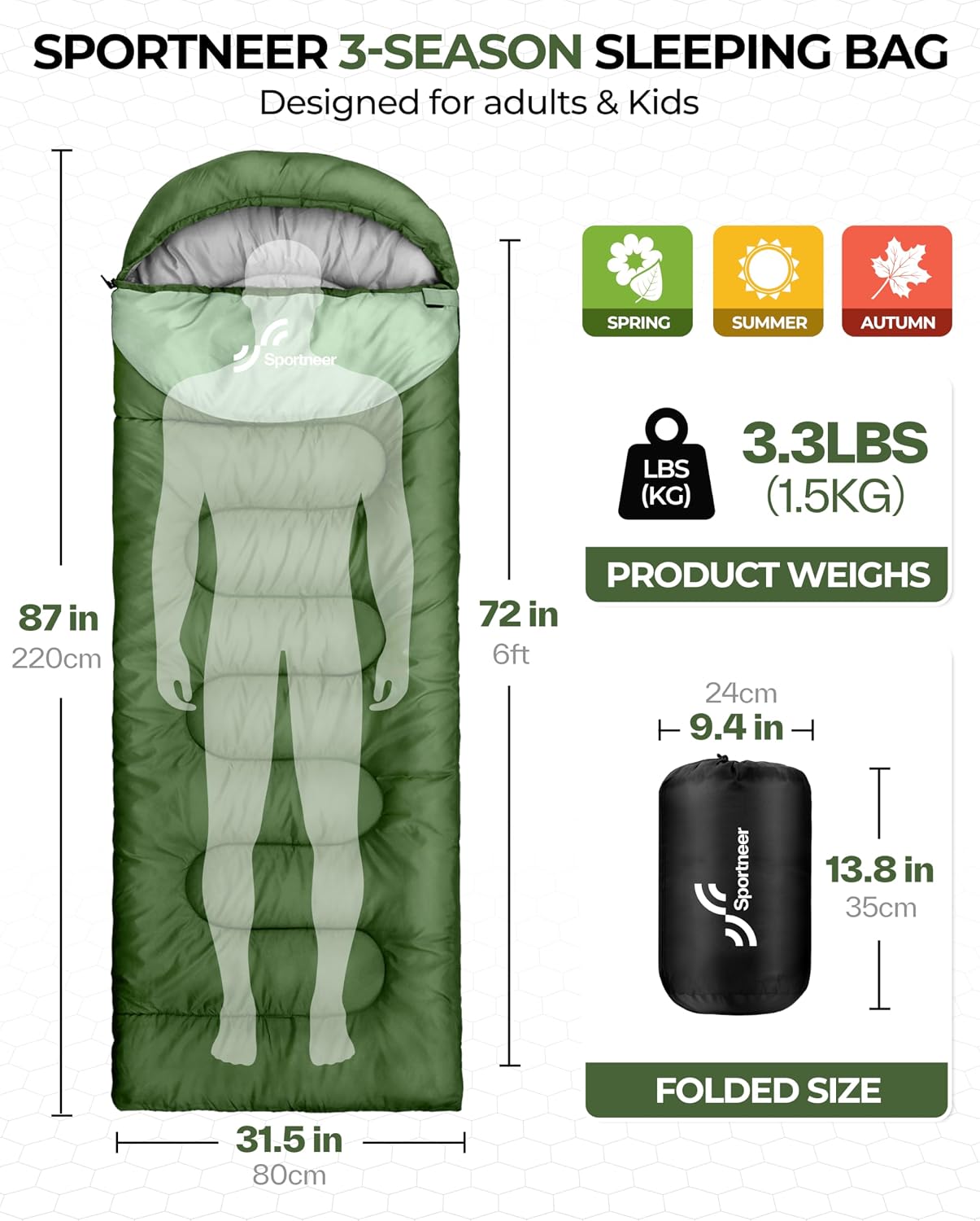 Sportneer Sleeping Bag for Adults Kid Waterproof lightweight Camping Hiking