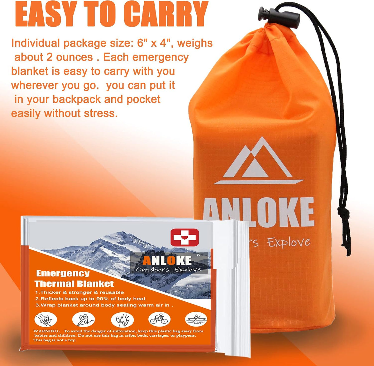 ANLOKE Emergency Blanket Mylar Thermal Blanket(4 Pack) Survival Gear-Orange