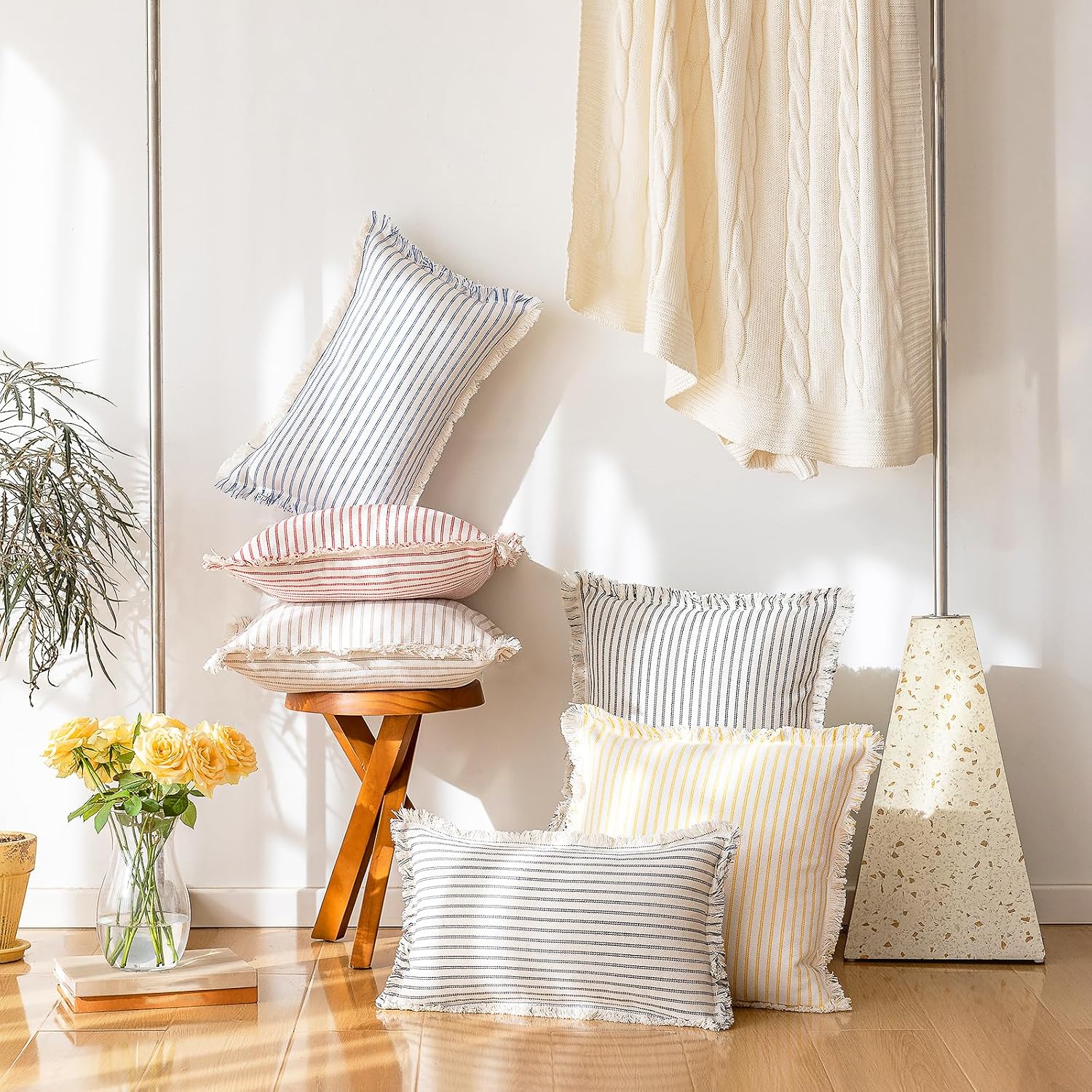 YEENAASY Throw Pillow Covers 18x18 Boho Striped Pillow Cases with Tassel