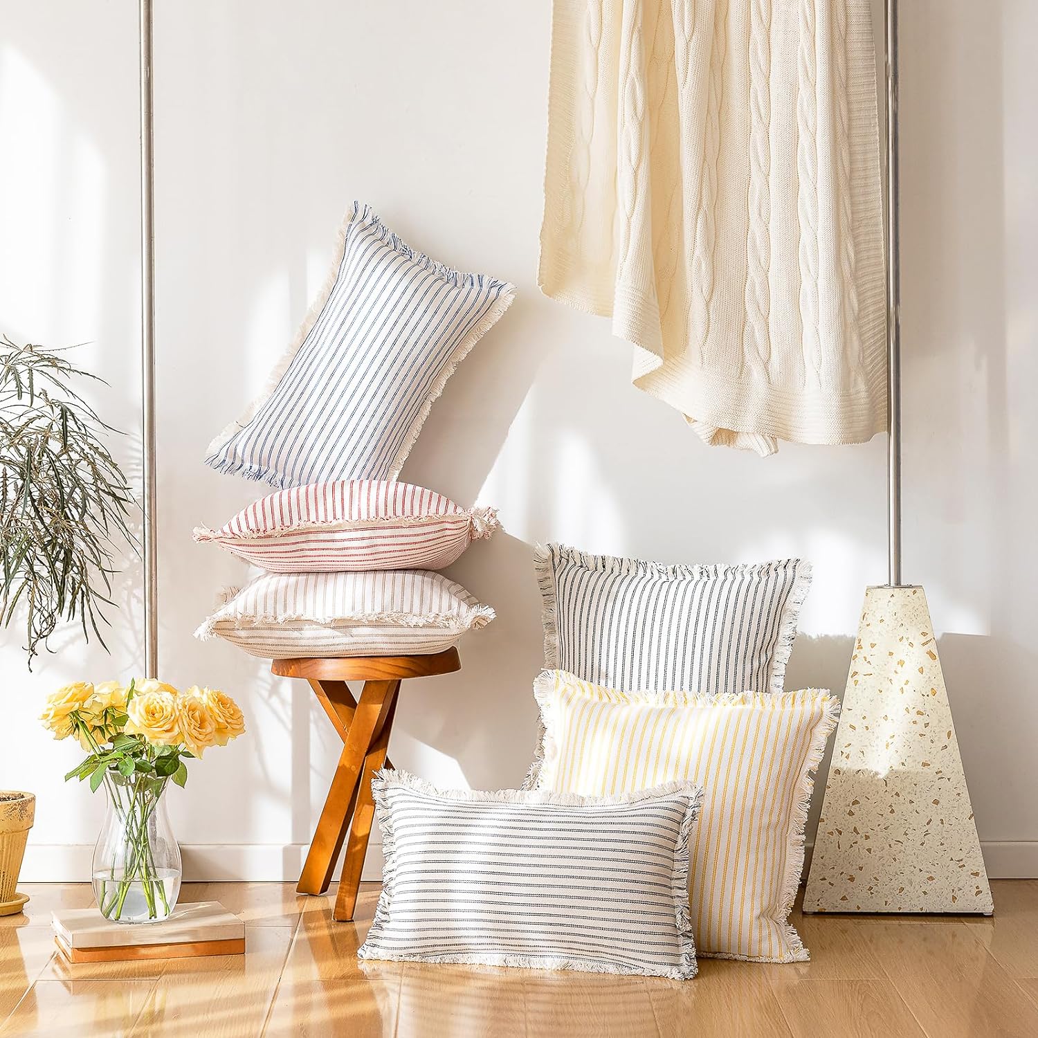 YEENAASY Throw Pillow Covers 18x18 Boho Striped Pillow Cases with Tassel