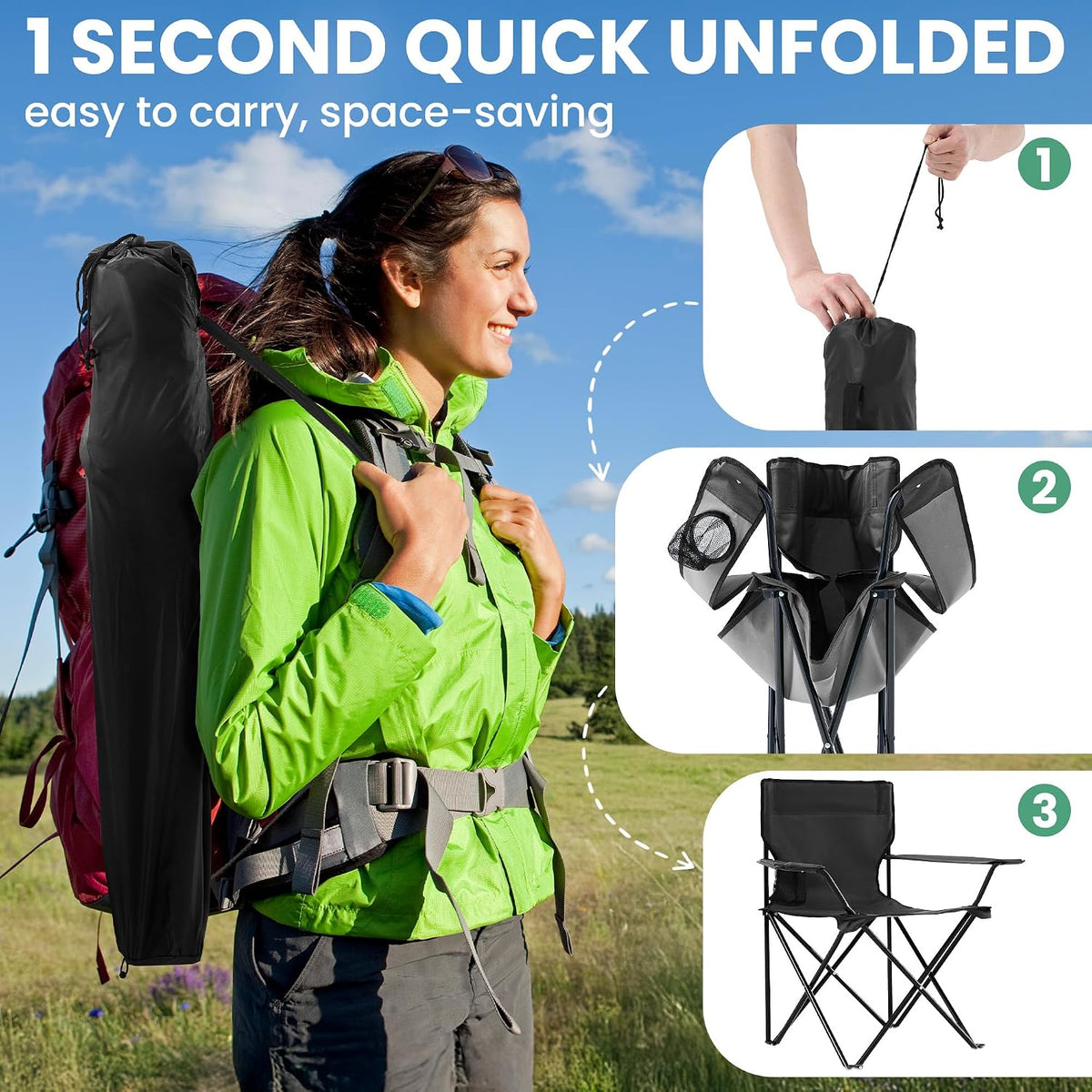 4 Pack Folding Camping Chairs for Adults, Foldable Portable Lawn Chairs with Carry Bag & Cup Holder, Compact Design for Camp,Beach, Picnics,and Fishing Supports 300LBS（Black）