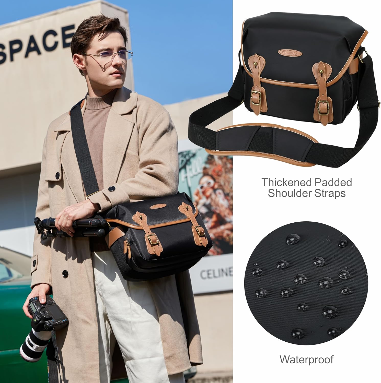 Padwa Lifestyle Black Sling Camera Bag - Waterproof Nylon Crossbody Photography Bags with Thick Shell,Fleece Compartments & Wide Padded Strap,Safety Protection for Photographers Camera,Lens & Drone