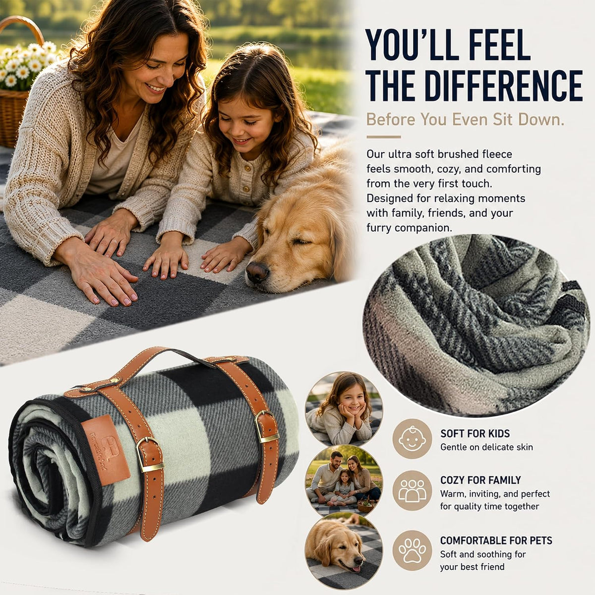 PortableAnd Ultra Soft Lightweight Picnic Blanket Waterproof 3-Layer Outdoor Mat Compact Foldable Blanket for Parks, Beaches, Camping & Everyday Adventures