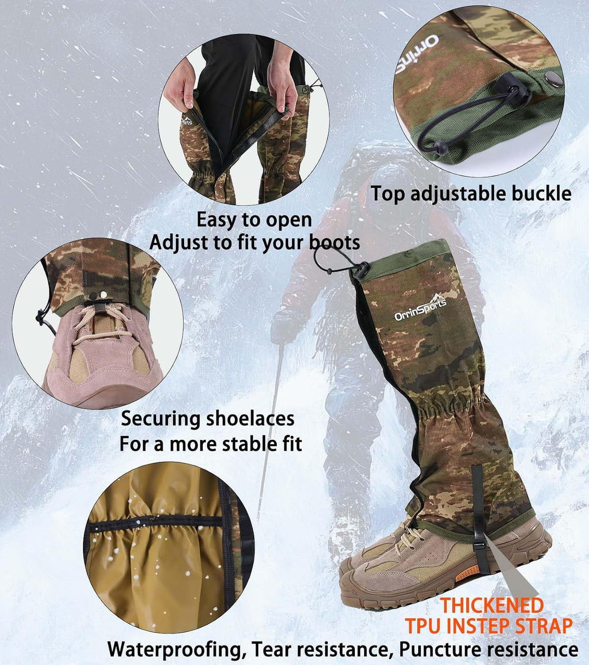 Waterproof Leg Gaiters for Men Women, Adjustable Snow Boot Gators for Hiking, Skiing, Hunting, Outdoor Adventures