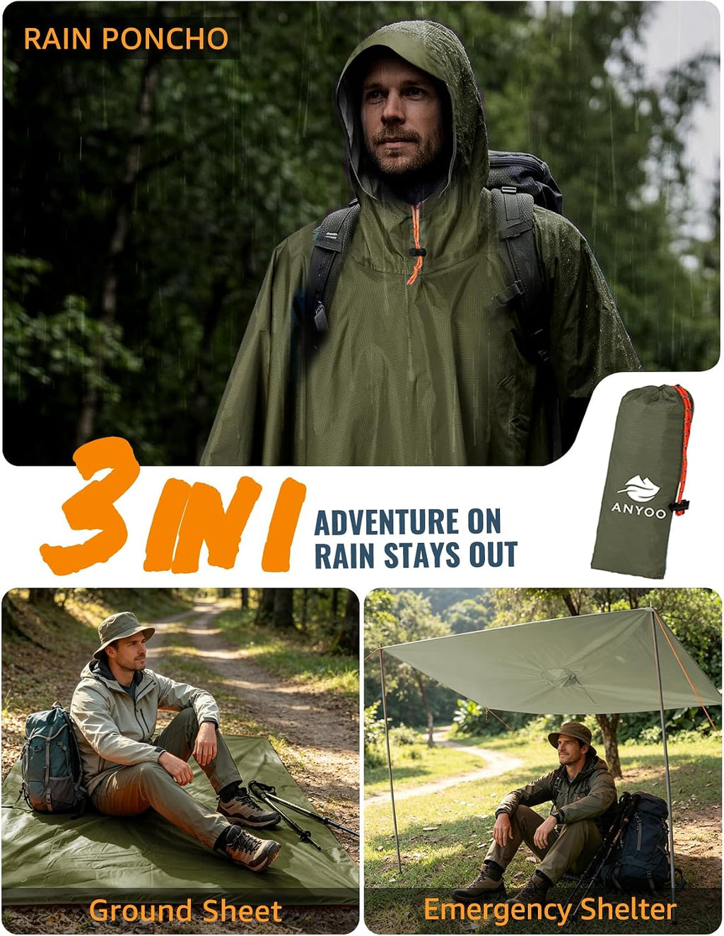 ANYOO Hooded Rain Poncho for Adult Waterproof Lightweight Raincoat