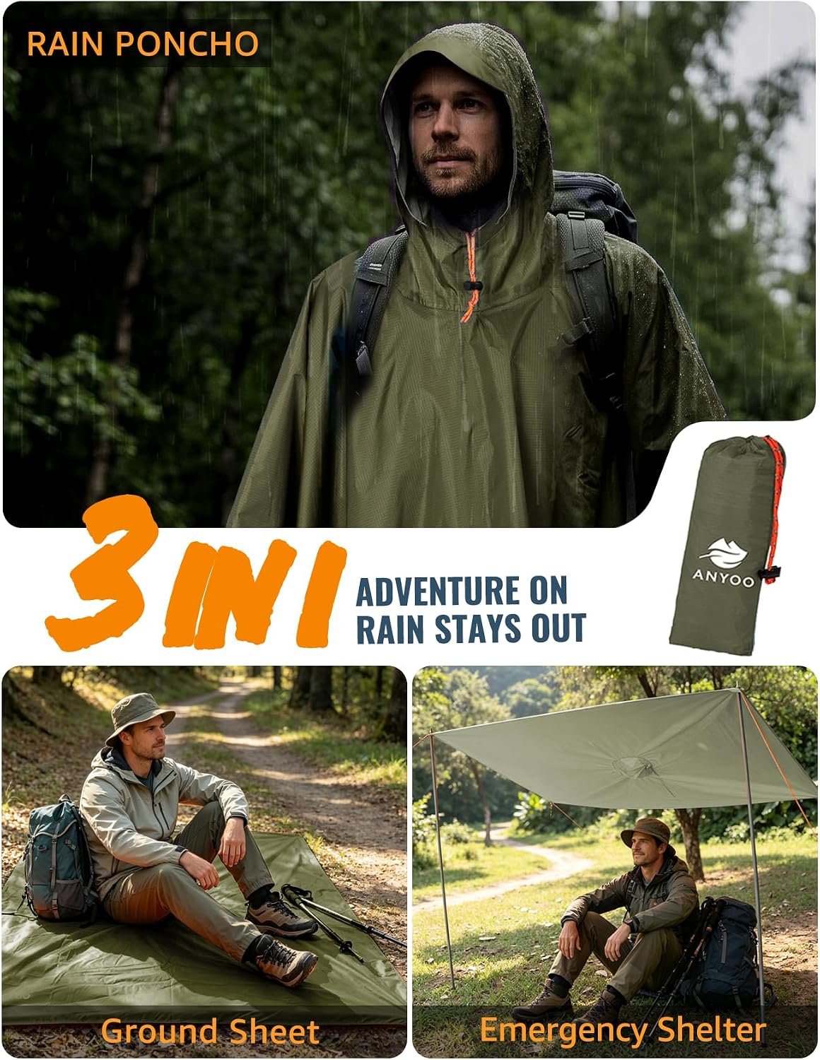 ANYOO Hooded Rain Poncho for Adult Waterproof Lightweight Raincoat