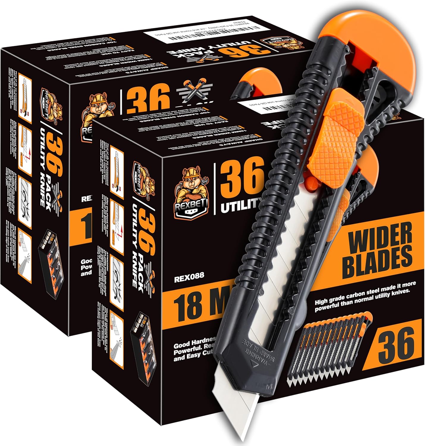 REXBETI 72-Pack Box Cutters, Retractable Utility Knife, 18mm Wide Blade