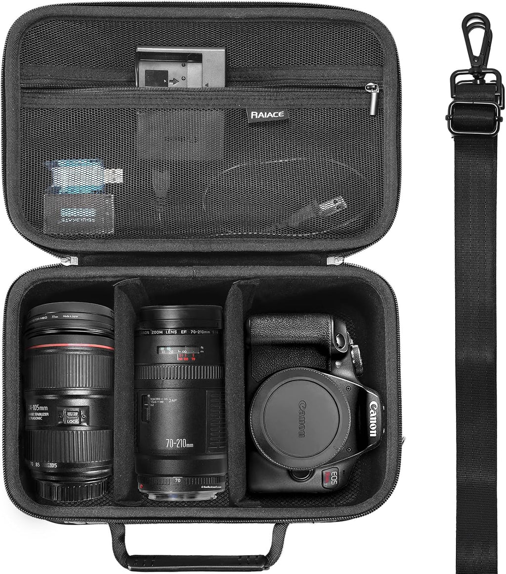 RAIACE Hard Carrying Case Compatible with Canon EOS Rebel T7/ T100/ T6/ R100/ R50/ R5/ R7/ R8, for Sony, for Nikon Camera. Large Capacity Camera Bag for Lens, Cables, Cards and Accessories. - Black
