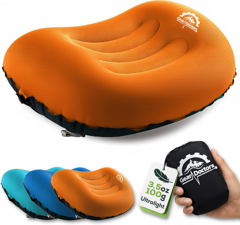 Gear Doctors 3.5oz Compact Ultralight Inflatable Camping Pillow—Inflatable Camp Pillow—Backpacking Pillows Ultralight—Camping Pillows for Sleeping, Hiking, Travel, Beach, Office, Neck, Lumper [Orange]