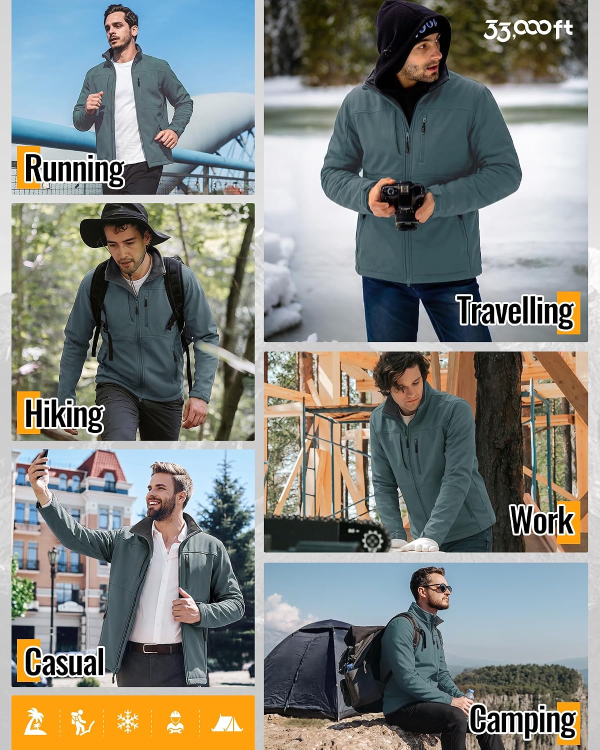 33,000ft Men's Lightweight Softshell Jacket Fleece Waterproof Windbreaker