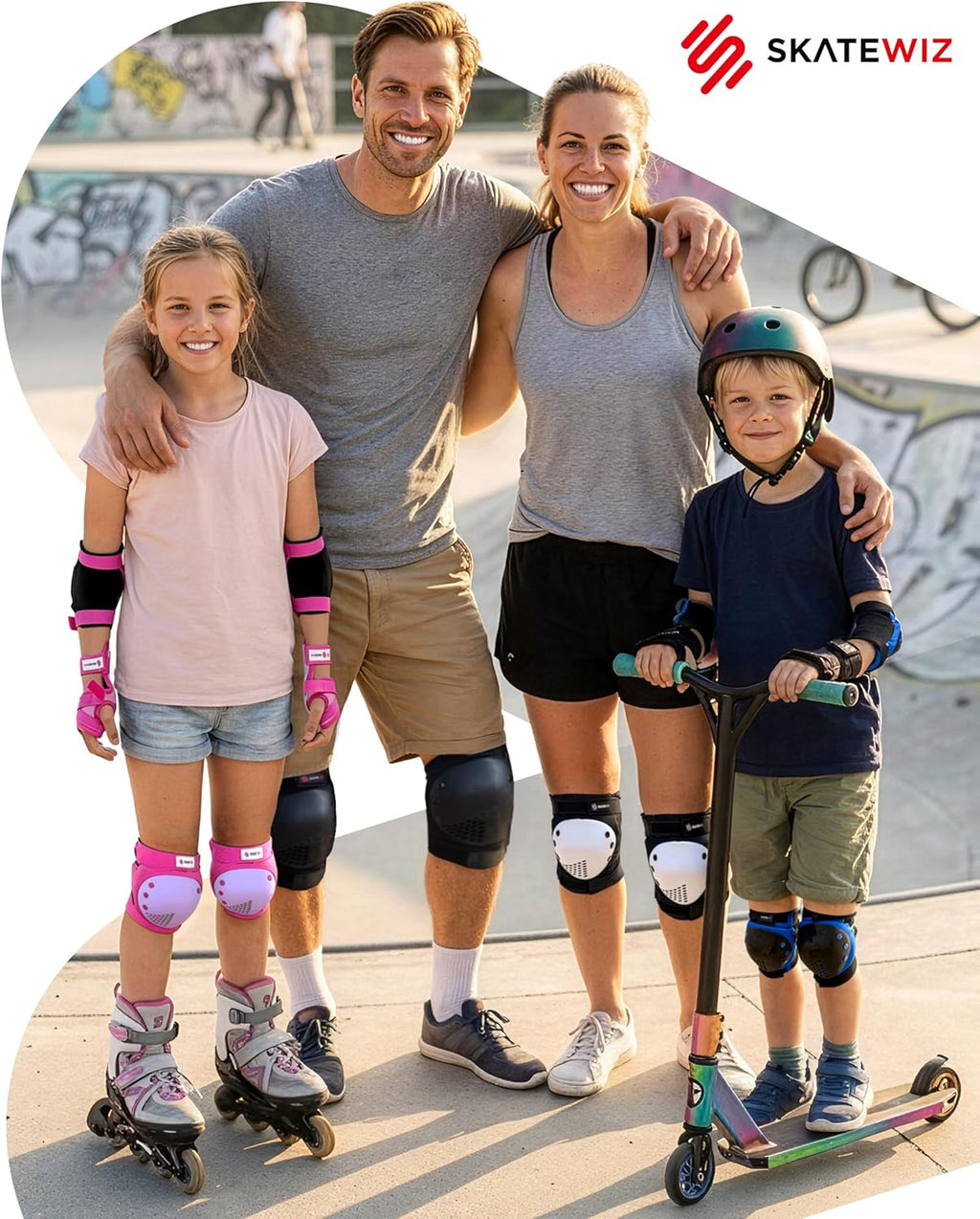 SKATEWIZ Skateboard Pads Protective Gear Set for Kids and Adults - Smash - Roller Skate Pads [6pc] with Wrist Guards - Skating Protective Gear - Roller Derby