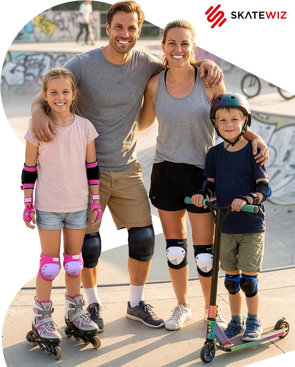 SKATEWIZ Skateboard Pads Protective Gear Set for Kids and Adults - Smash - Roller Skate Pads [6pc] with Wrist Guards - Skating Protective Gear - Roller Derby
