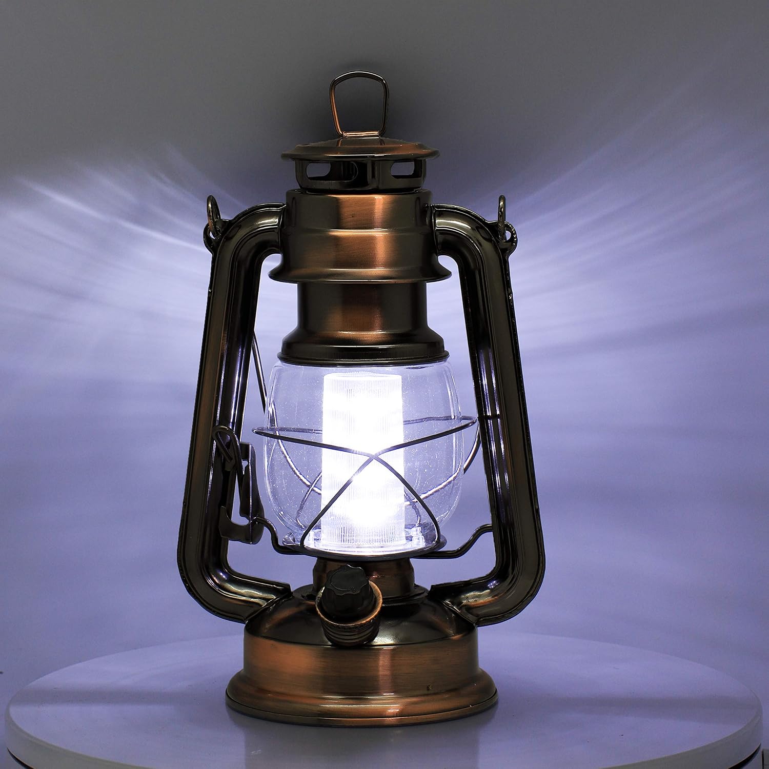 YAKii LED Vintage Lantern Metal Hanging Hurricane 12 LED Dimmer Switch Cold White Battery Operated Power Outage Indoor Camping Lighting Outdoor Brooklyn (Copper 2 Pack)