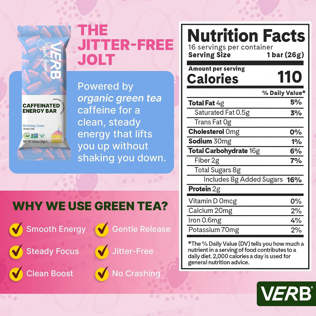 Verb Caffeinated Energy Bars Birthday Cake (26g, Pack of 16) 110 Calories