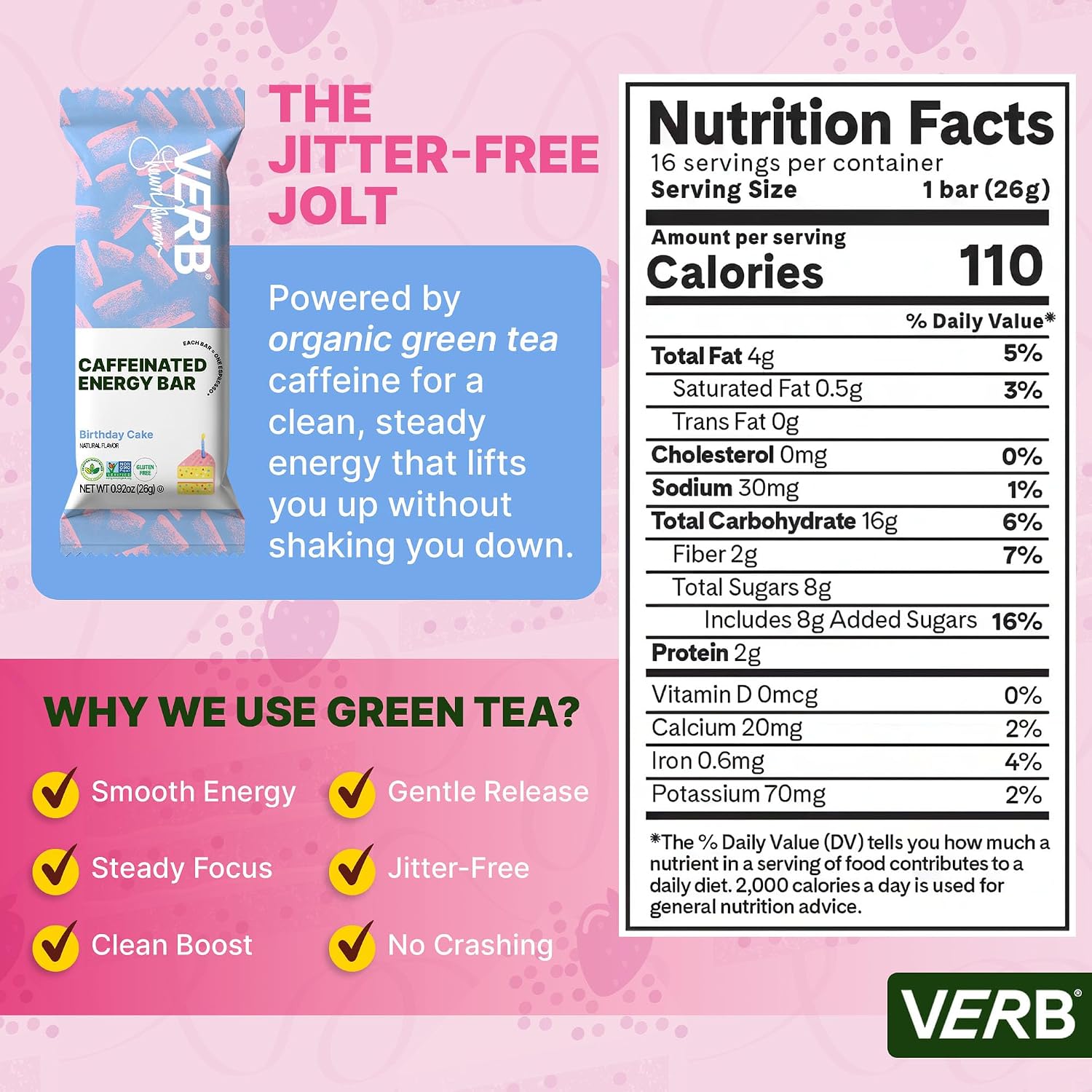 Verb Caffeinated Energy Bars Birthday Cake (26g, Pack of 16) 110 Calories