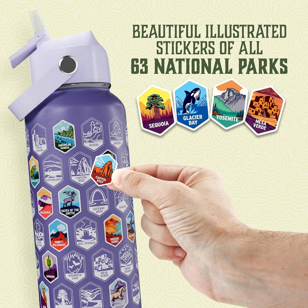 Trekking The National Parks Water Bottle with 63 Waterproof Stickers & 3 Lids (Straw, Spout, & Chug) | 32 Oz Insulated Wide Mouth Stainless Steel Bottle | BPA-Free and Leak-Proof - PURPLE