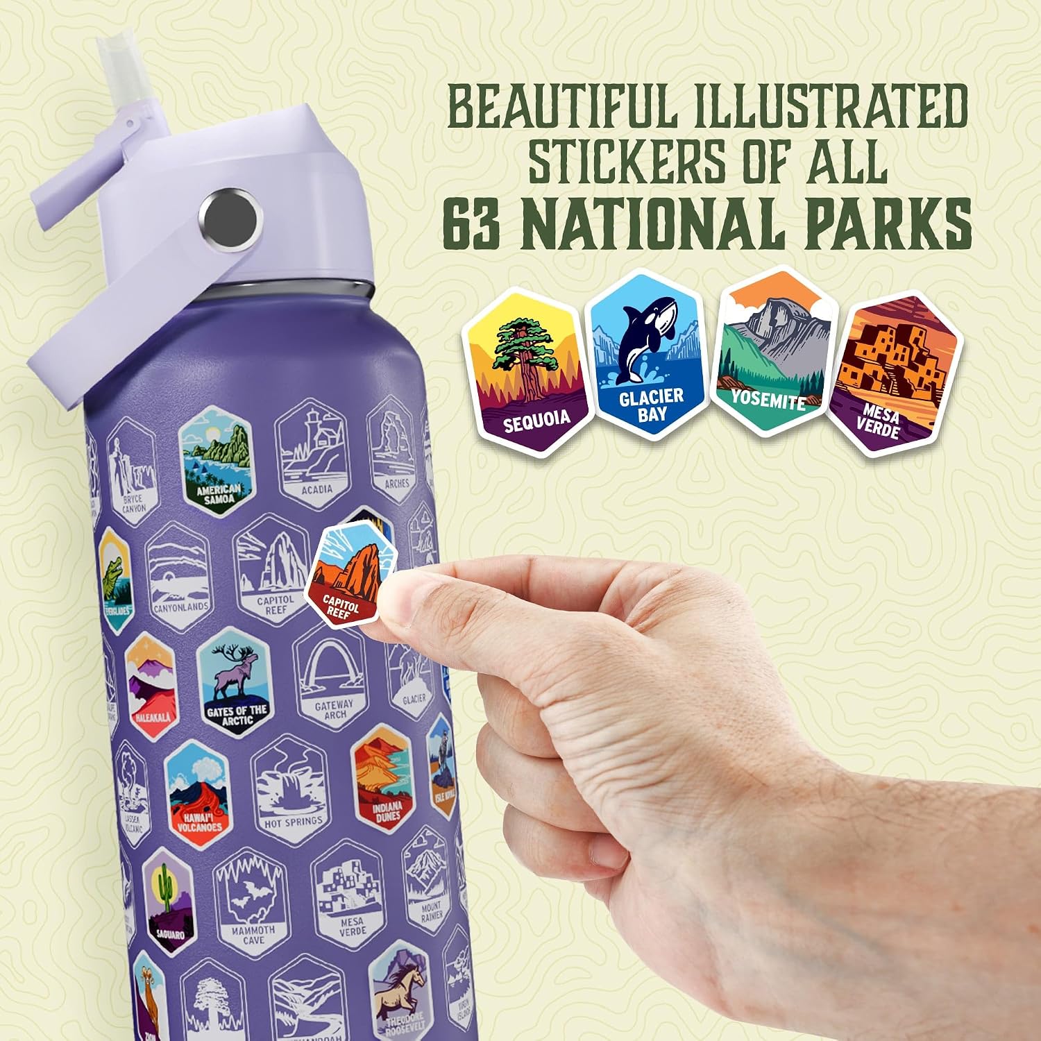 Trekking The National Parks Water Bottle with 63 Waterproof Stickers & 3 Lids (Straw, Spout, & Chug) | 32 Oz Insulated Wide Mouth Stainless Steel Bottle | BPA-Free and Leak-Proof - PURPLE