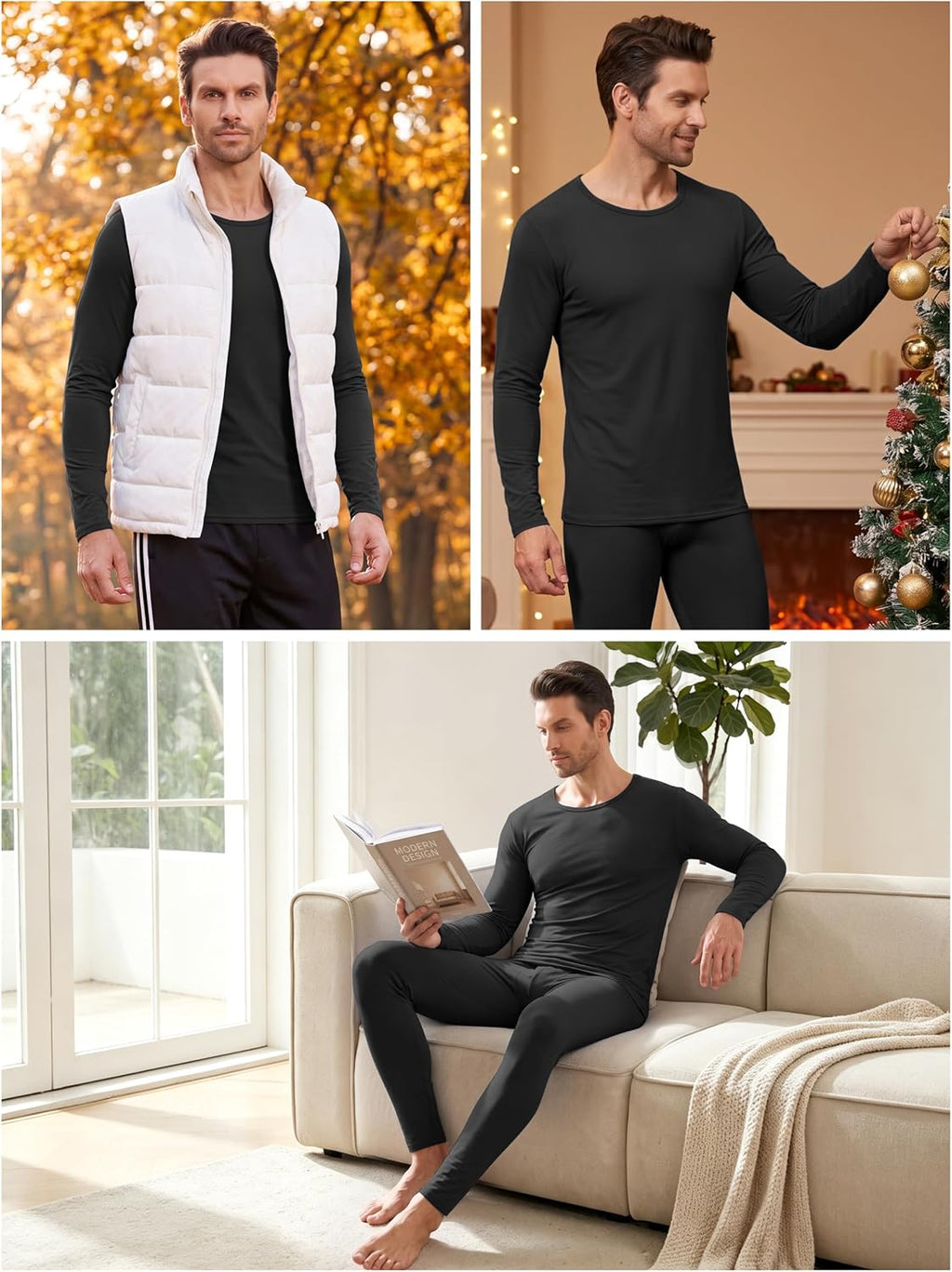 URATOT 2 Sets Men's Thermal Underwear Set Fleece Lined Thermal Underwear Soft Long Johns Top Bottom Set for Men Cold Winter