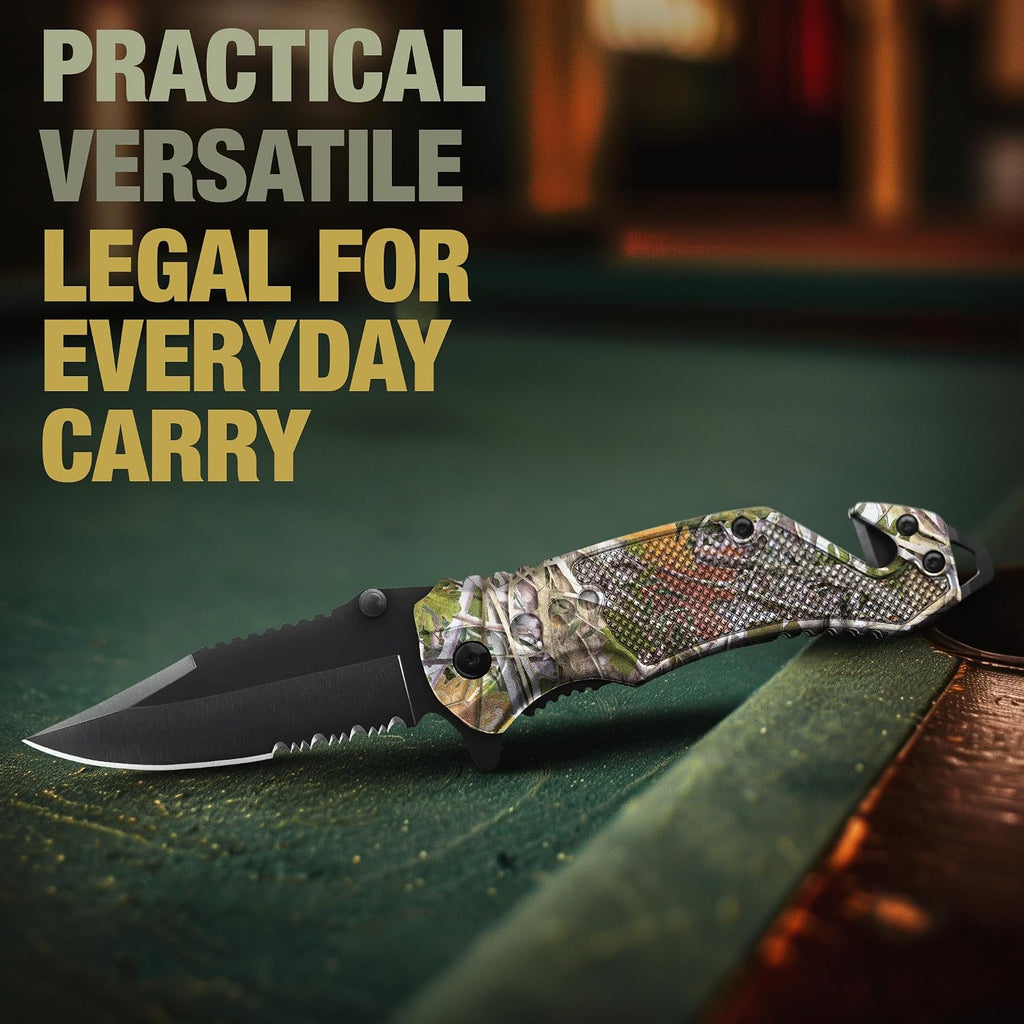 GOOD WORKER Legal Pocket Knife with 2.95” Serrated Blade, Glass Breaker, Seat Belt Cutter - EDC Sharp Folding Knives with Portable Clip - Small Tool for Tactical Camping Survival Hiking - Gifts for Men, Women