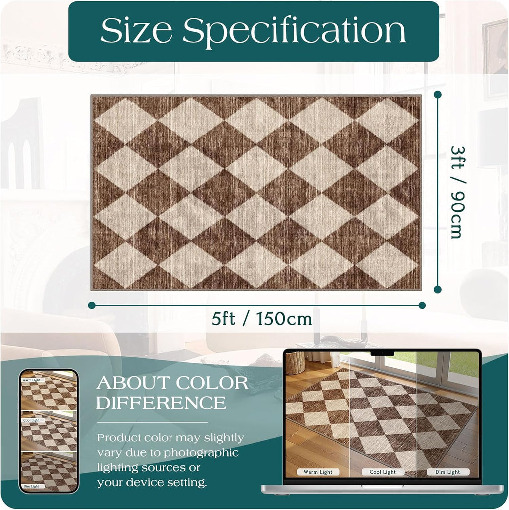 Brown Beige Checkered Entry Rug - 3x5 Non-Slip Indoor Outdoor Rugs
