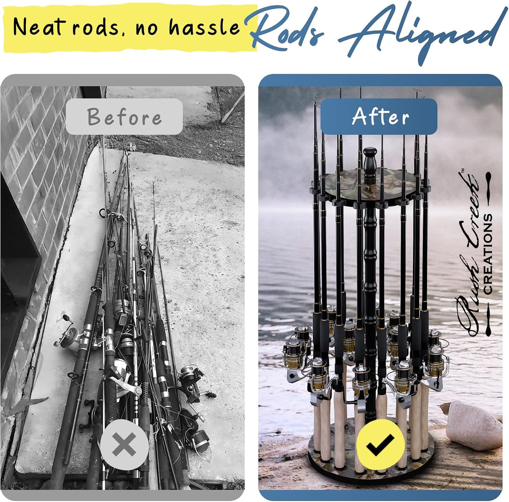 Rush Creek Creations 16-Rod Round Fishing Rod Holder for Garage, 360° Access Fishing Pole Holder for Fishing Rods, Reels, and Gear, Securely Holds 16 Rods, Camouflage