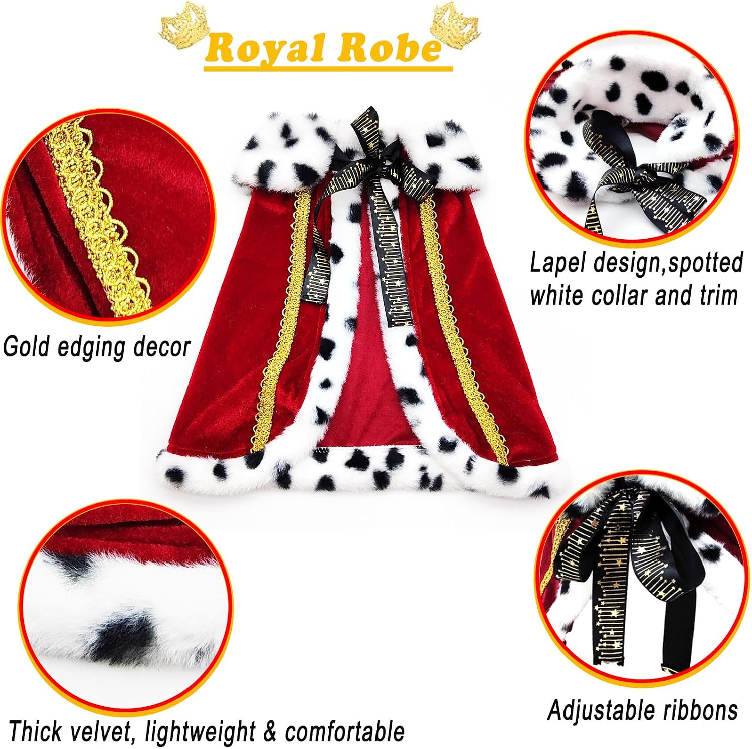 Pet Cloak King Dog Cape Robe Cute Halloween Christmas Cat Costume Queen Clothes Lux Fur Royal Cape Prince Princess Outfit Birthday Dress Small Large Dog Halloween Costume (Crimson, Small)