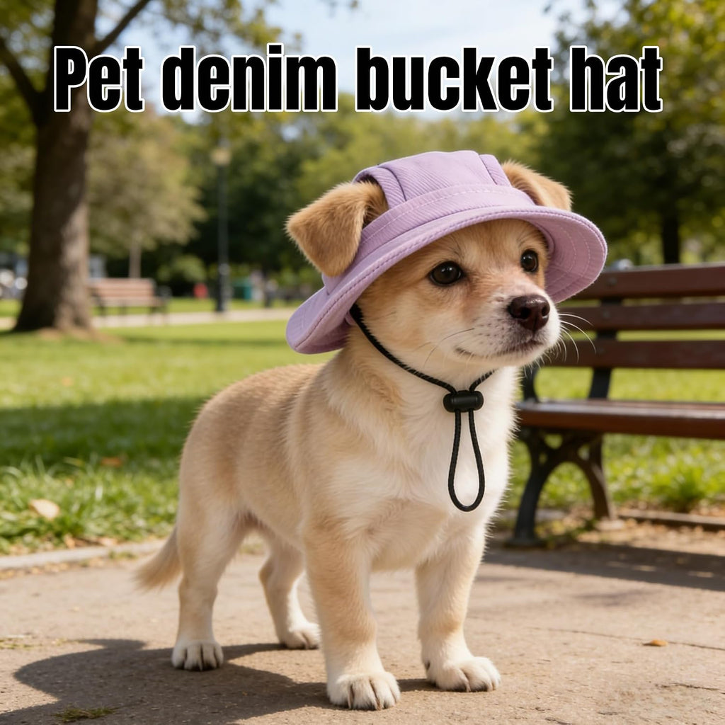 Denim Flannel Pet Sun Hat with Ear Holes, Adjustable UV Protection Cap for Dogs & Cats, Breathable Summer Outdoor Hat with Curved Brim (Purple, M)