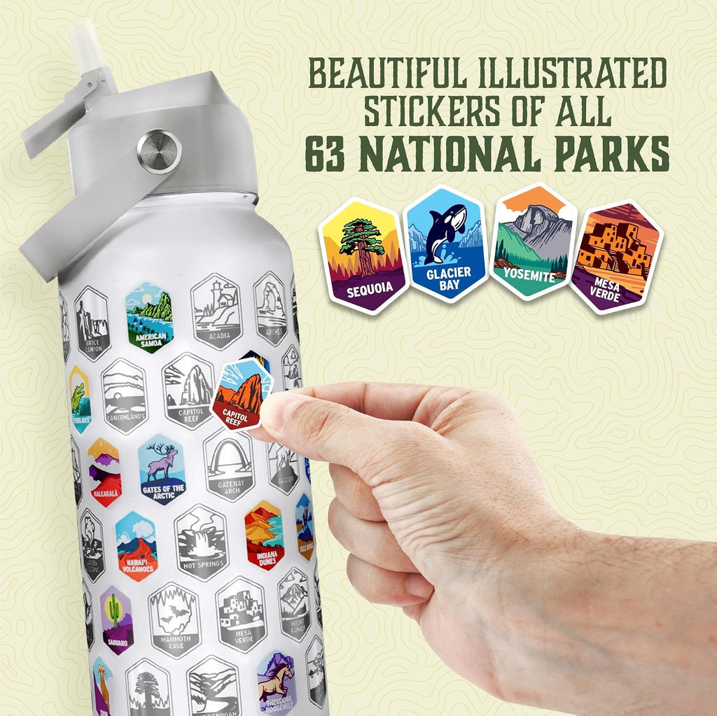 Trekking The National Parks Water Bottle with 63 Waterproof Stickers & 3 Lids (Straw, Spout, & Chug) | 32 Oz Insulated Wide Mouth Stainless Steel Bottle | BPA-Free and Leak-Proof - WHITE