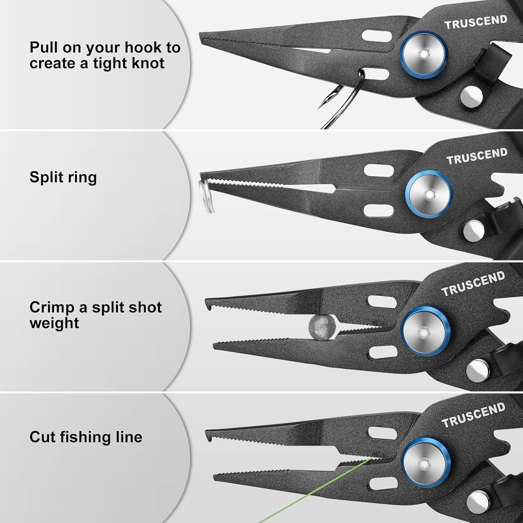TRUSCEND Easy Use Fishing Pliers with Line Cutter, Stainless Steel Fishing Tools, Muti-Function Hook Remover and Split Ring Plier Set, Spring-Loaded Jaws & Ergonomic Grip, Fishing Gear Gifts for Men