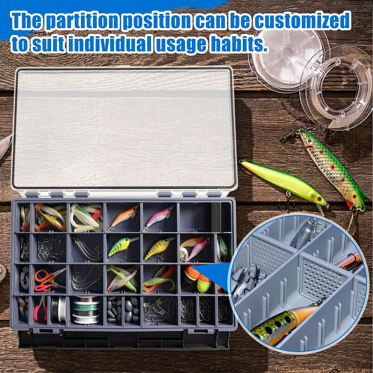 Junkin 6 Pack 3700 Fishing Tackle Boxes Waterproof, High-vis Black Lure Organizer Trays with Removable Dividers, Airtight Bait Storage Case for Bass Fishing Backpacks & Kayak Gear Accessories