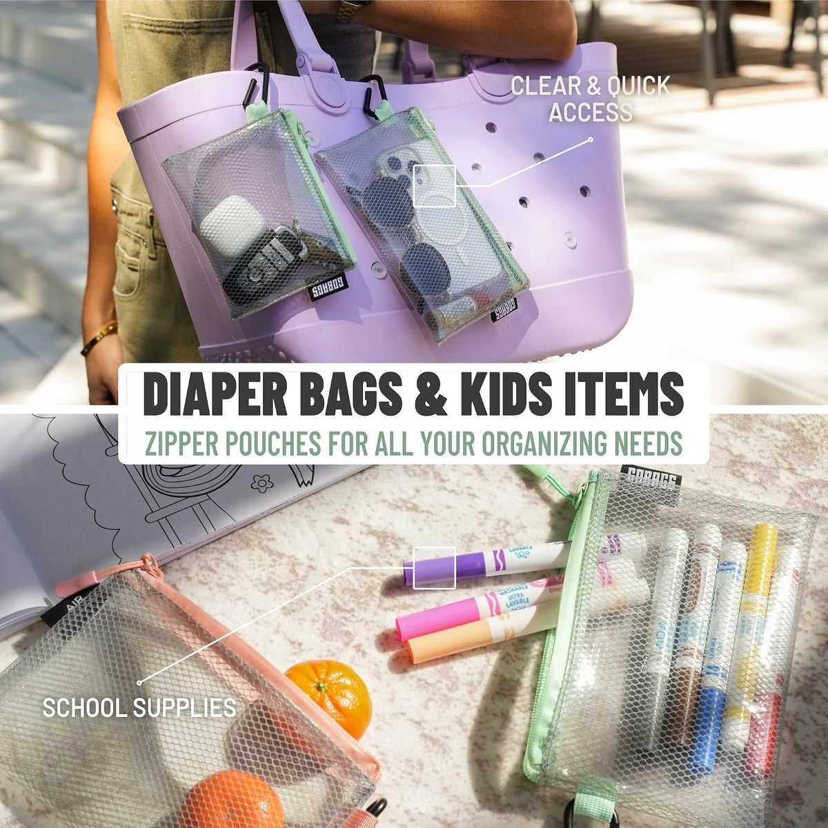 GOBAGS Air Production Multi‑Size Clear Zipper Pouch (4‑Pack) – Cable Organizer & Travel Gear Bag for Electronics, Camera Accessories, Tool Pouch & Small Tech Storage (Mint Green)
