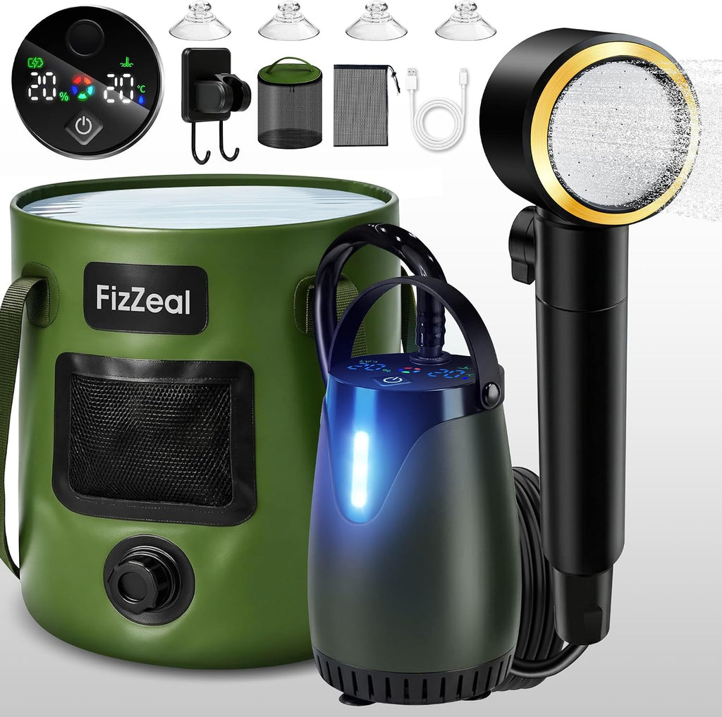 FizZeal Portable Camping Shower with LED Display & 5 Speed, 8000mAh Battery