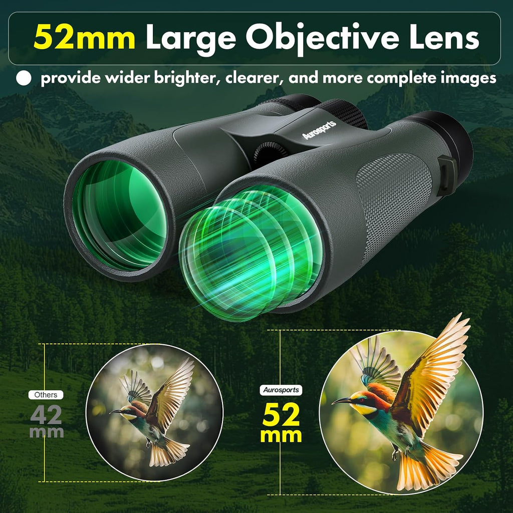 Aurosports 15x52 Waterproof Binoculars for Adults Hunting Binoculars Green