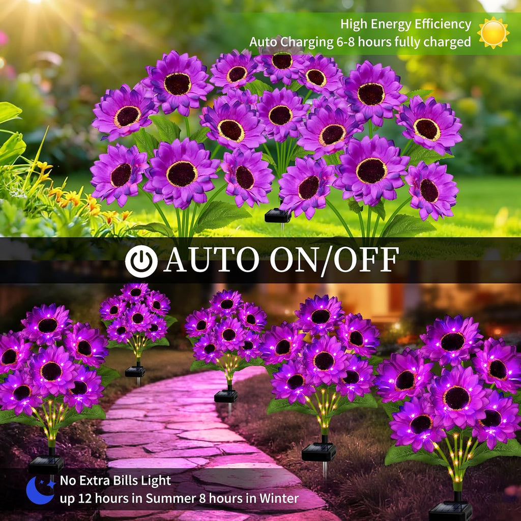 Solar Garden Lights Outdoor, 4 Pack Solar Purple Sunflower Lights with 18 Head 3.5 Inch Flowers, Waterproof Flowers Light Fall Decor Auto ON/Off for Garden Yard Patio Backyard, Gifts for Mom Women