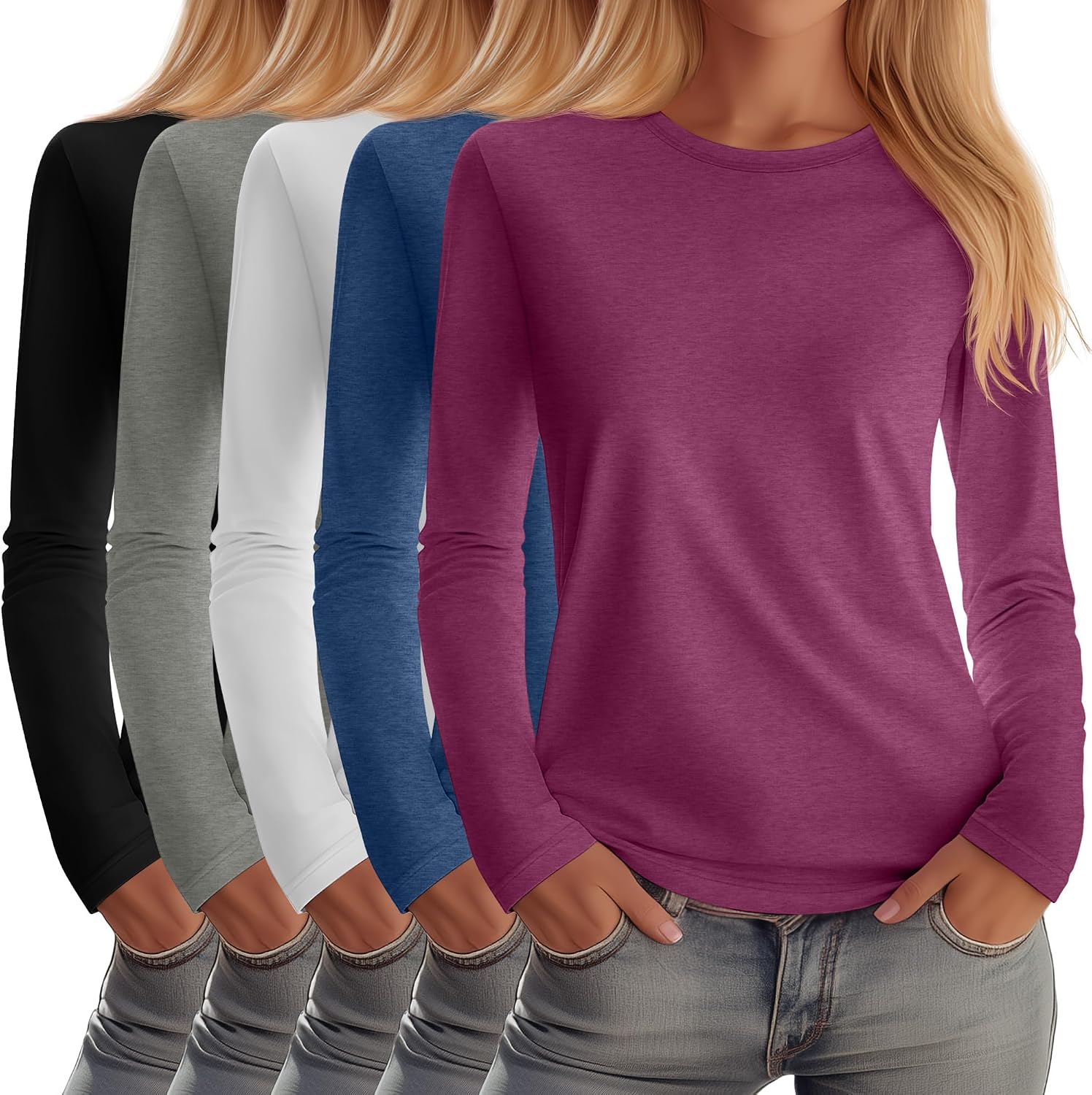 Huukeay 5 Pack Women's Crew Neck Long Sleeve Shirts