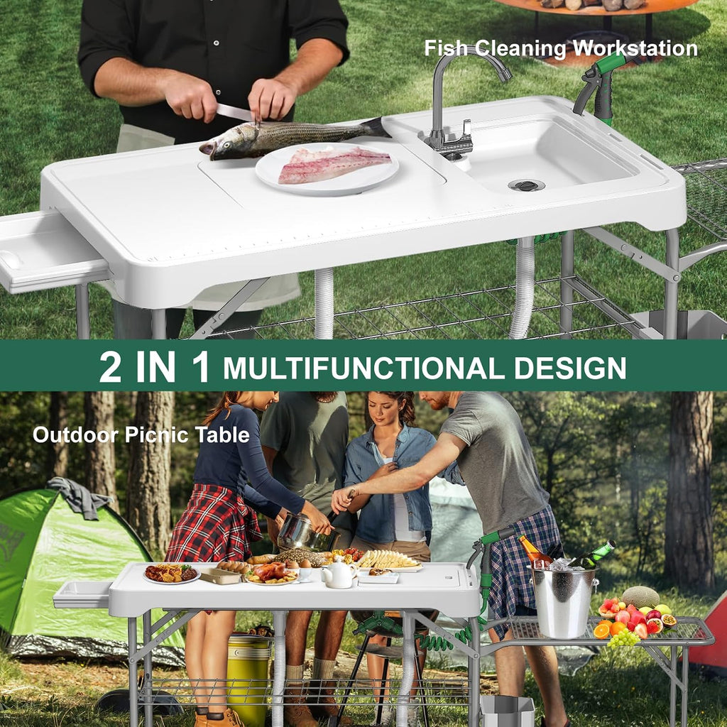 42.5" Fish Cleaning Table with Dual Sink for Camping, Picnic, White