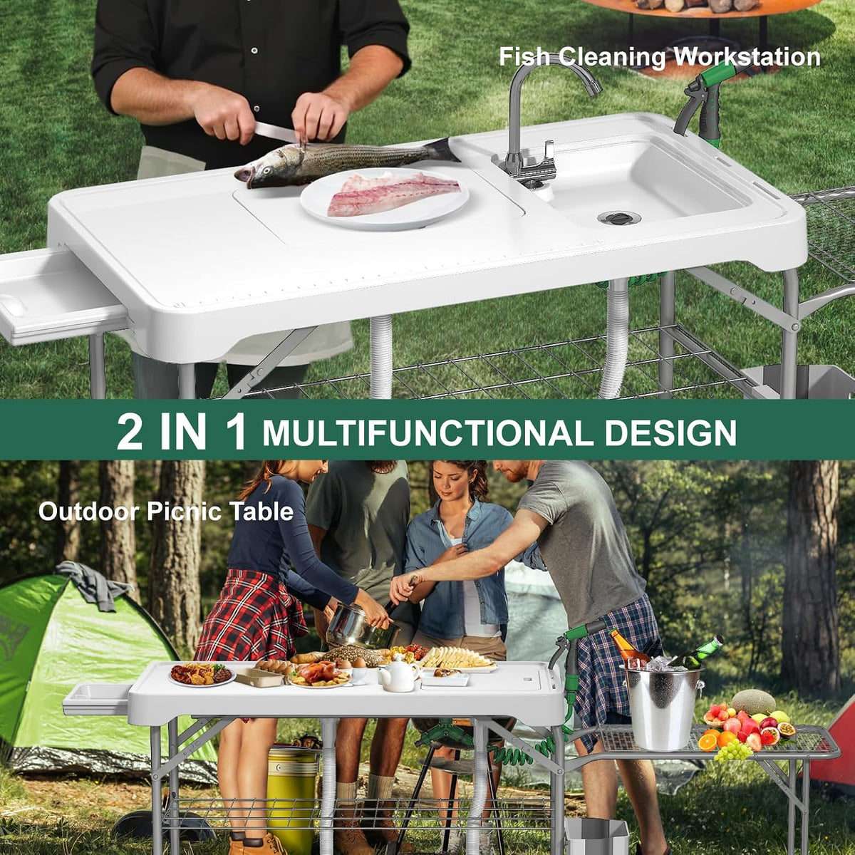 42.5" Fish Cleaning Table with Dual Sink for Camping, Picnic, White