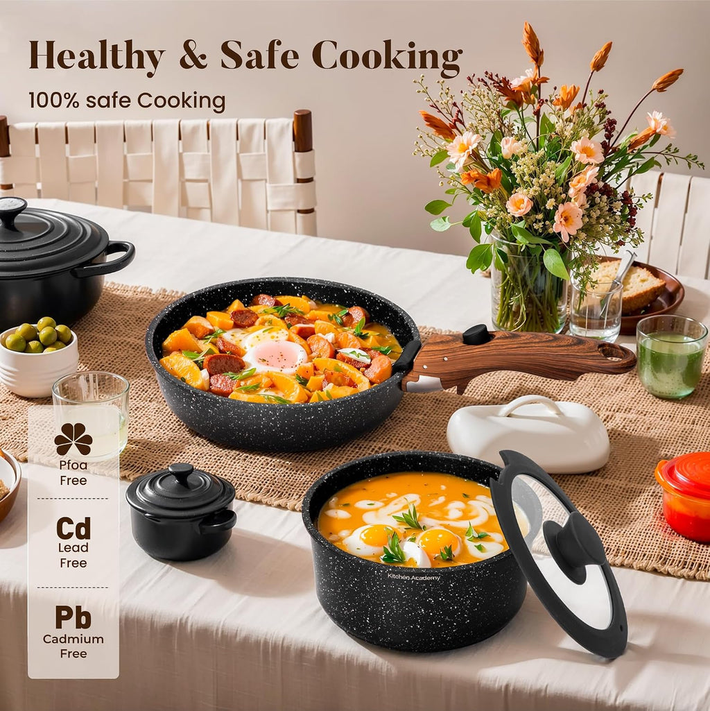 Kitchen Academy Removable Handle Induction Pots and Pans Set - 10 Piece Non-stick Cookware Sets, Black Granite Stackable RV Cookware for Camp