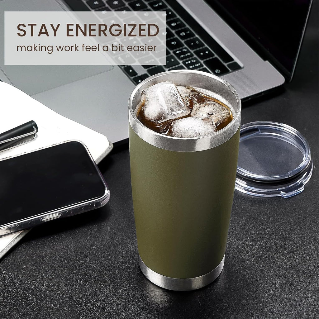 MEWAY 20oz Tumbler 8 Pack Double Wall Vacuum Insulated Travel Mug Bulk, Stainless Steel Tumblers with Lid and Straw, Durable Powder Coated Coffee Cups for Cold & Hot Drinks (Army Green, 8)