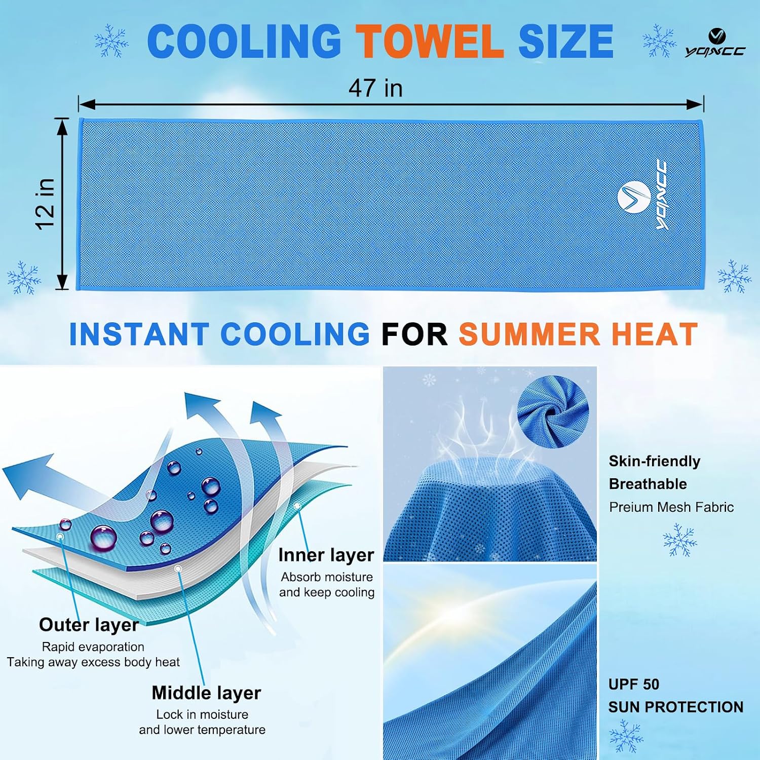 YQXCC 4 Pack Cooling Towels (47"x12"), Ice Cool Towels for Neck & Face