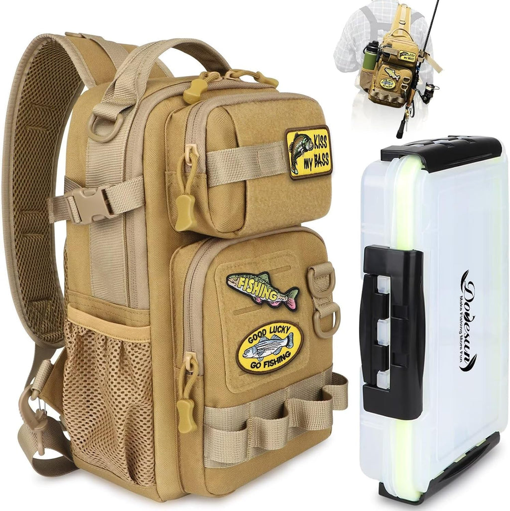 Dovesun Small Fishing Backpack with Tackle Boxes Fishing Sling Bag DIY Embroidery Patches Tackle Bag Gift for Men Khaki